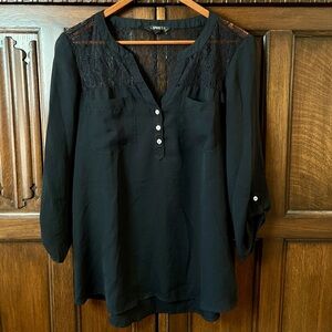 3/4 Sleeve Flowy Blouse with Lace Shoulders, Medium